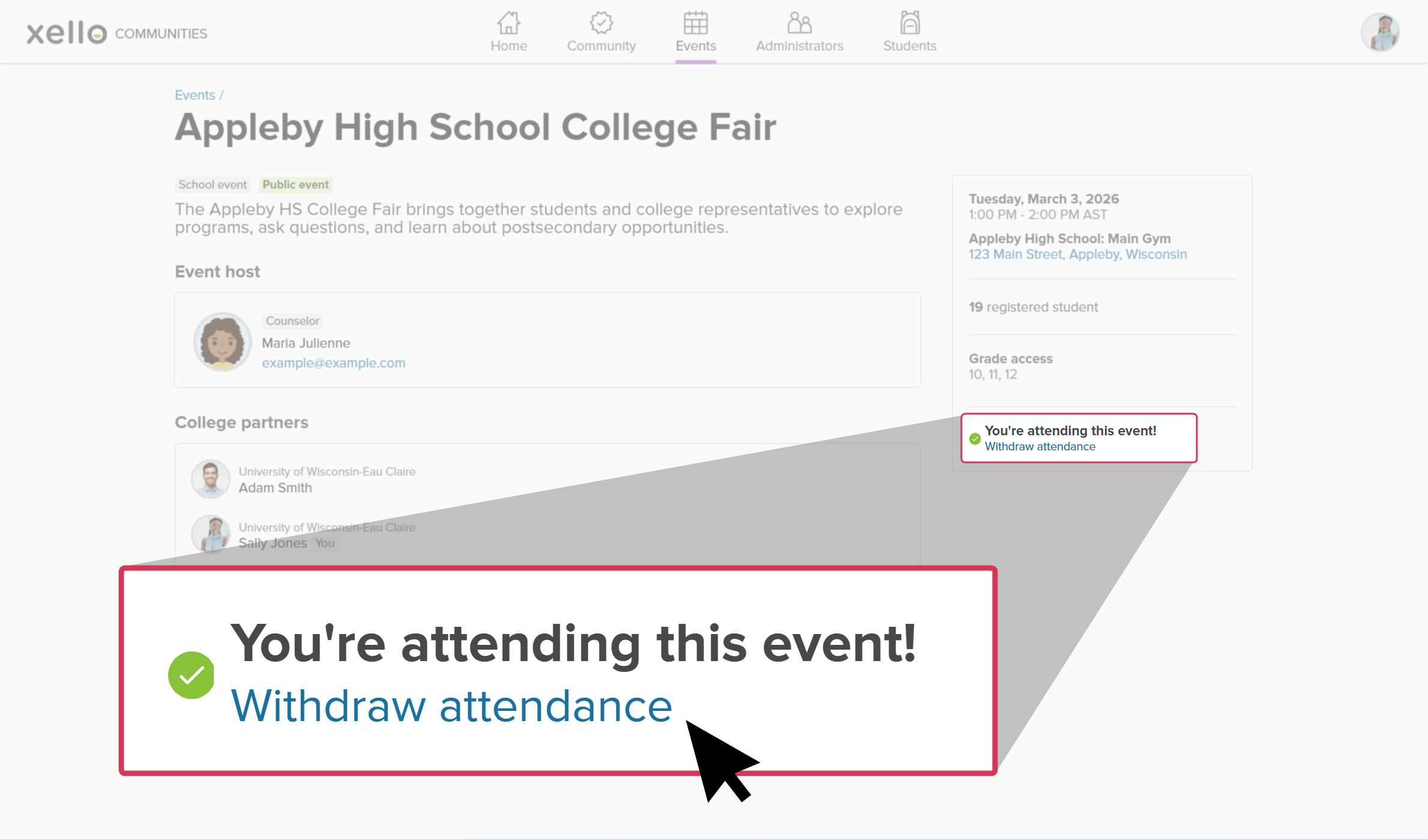 An event hosted by a high school. The current RSVP shows as attending, the cursor is clicking Withdraw attendance.